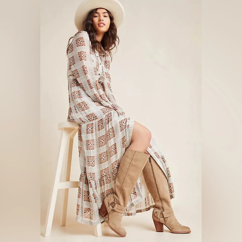 Anthropologie Elizabeth Brown and Cream Long Maxi Sleeve Dress ⭐️ STUNNING! - Picture 1 of 9